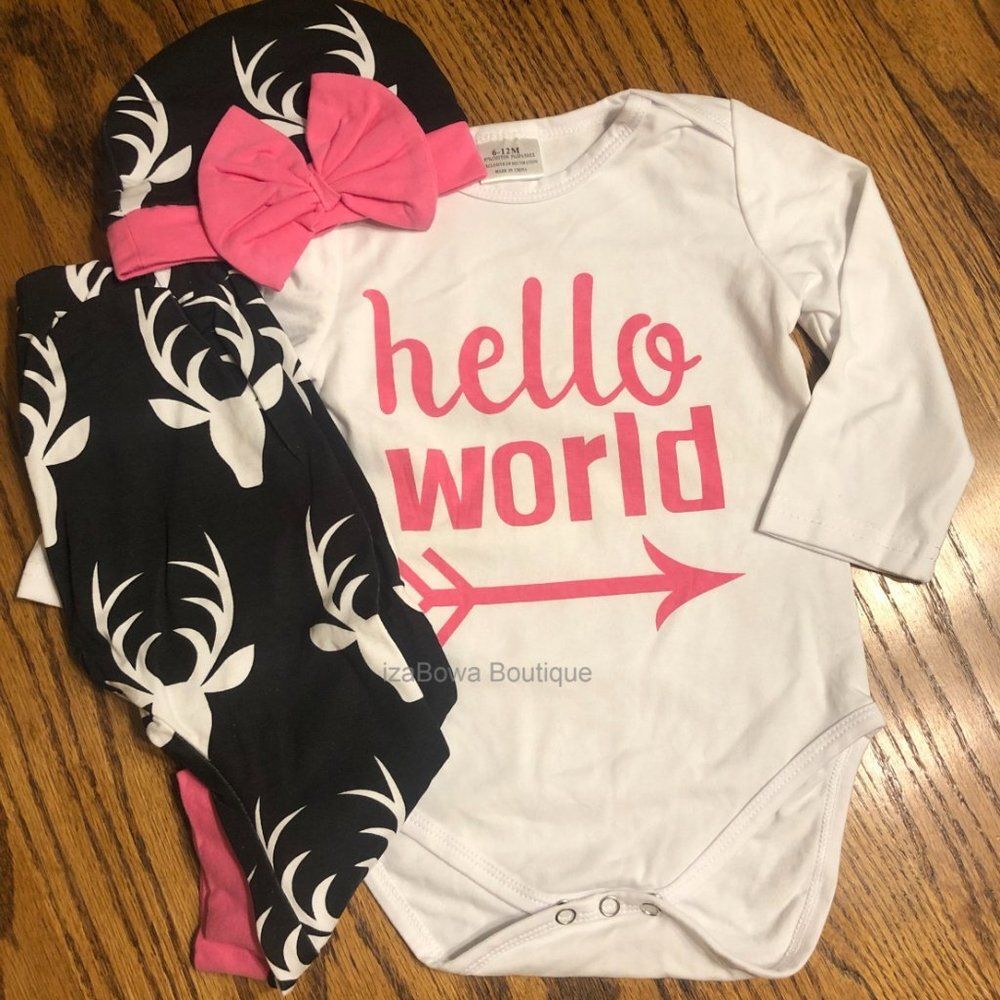 Pink and Black with Deer Print 3 pc Set w/ "Hello World" 6056012 6-12 months
